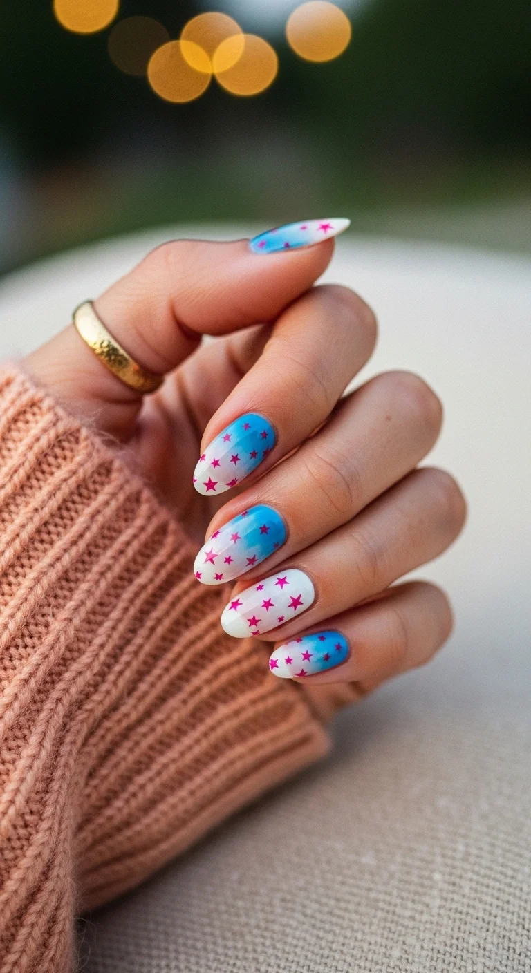 Blue and white ombre nails with bright red star decals.
