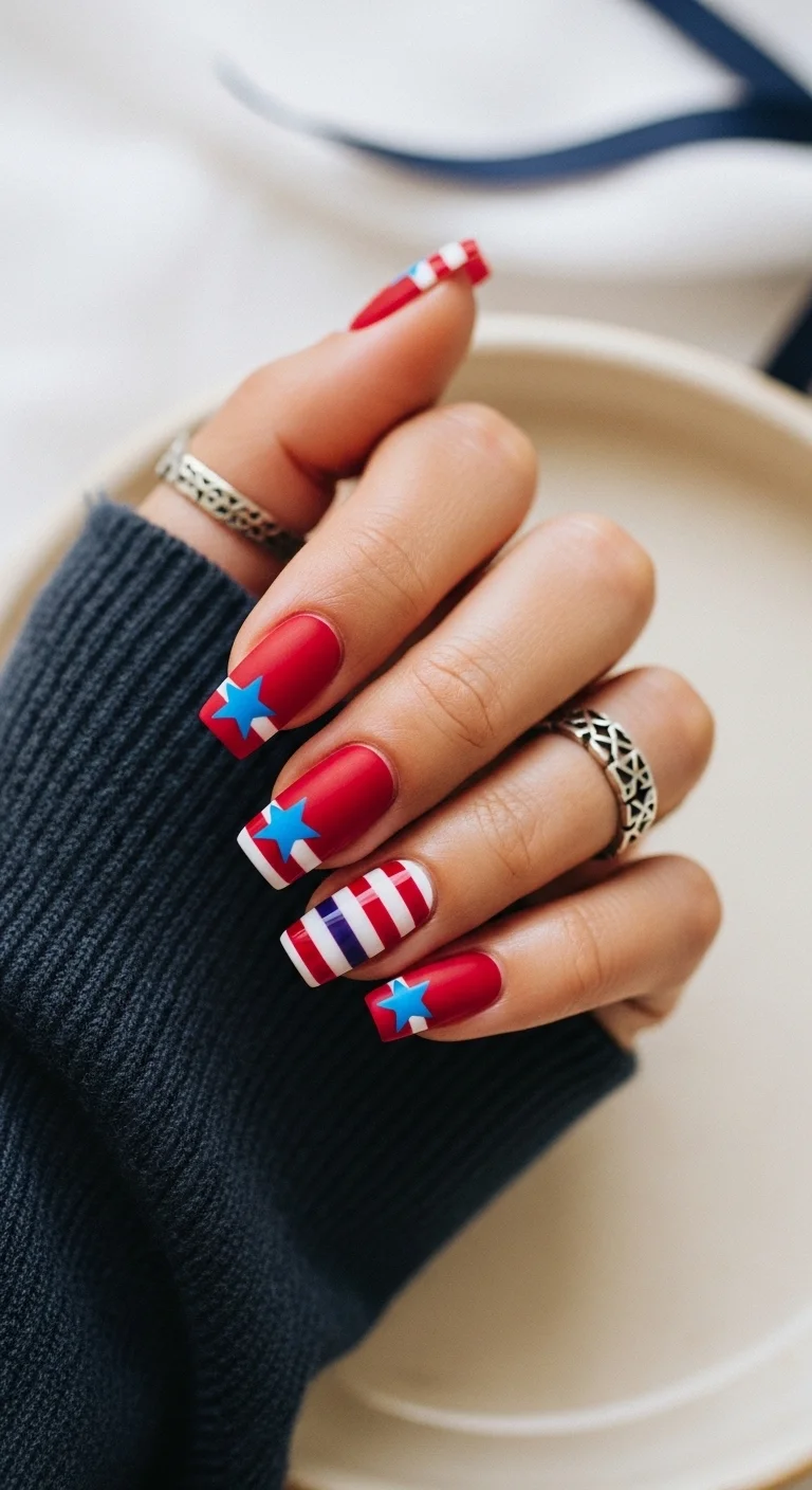 Matte red nails with blue star decals and a single striped accent nail.