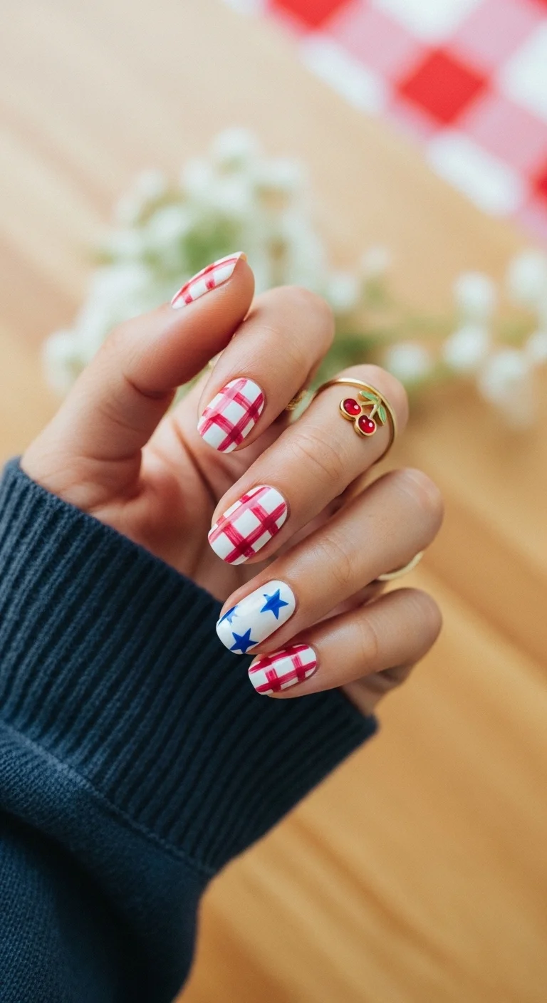 Red and white gingham nails with a single accent nail featuring blue stars.
