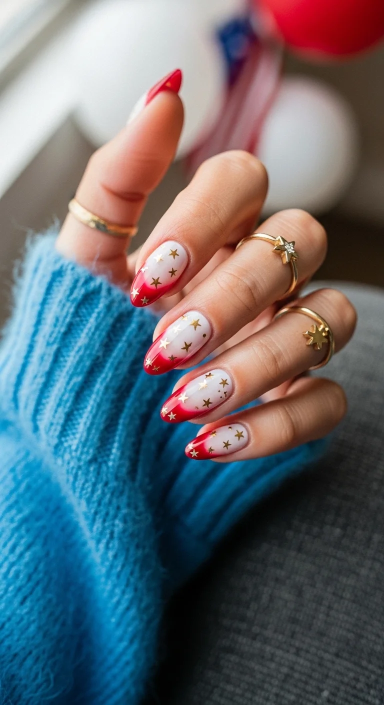 Natural nails with red french tips and scattered gold star decals.