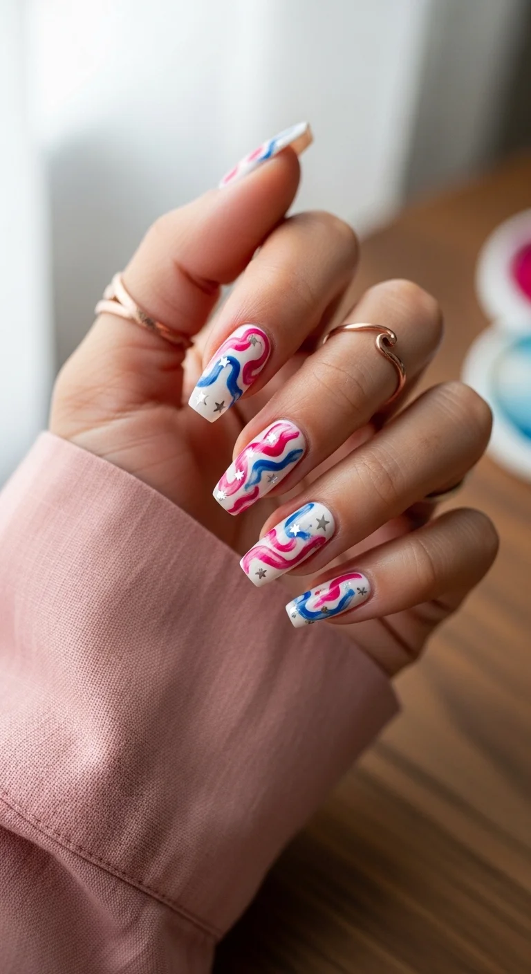White nails with wavy pink and blue swirls and tiny silver stars.