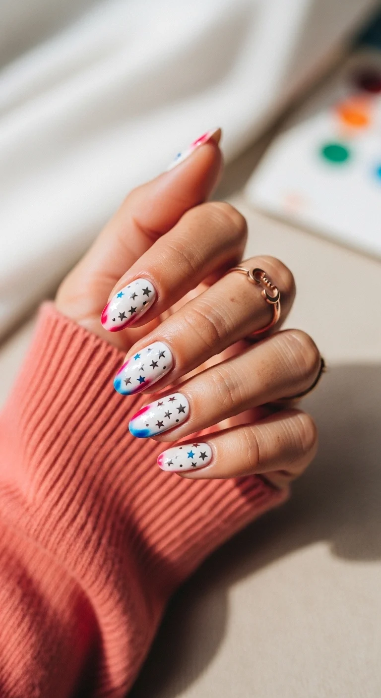 White nails with blue and red watercolor tips and scattered black and blue stars.