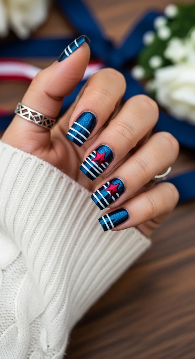 Sparkly navy blue nails with white horizontal stripes and a 3D red star.