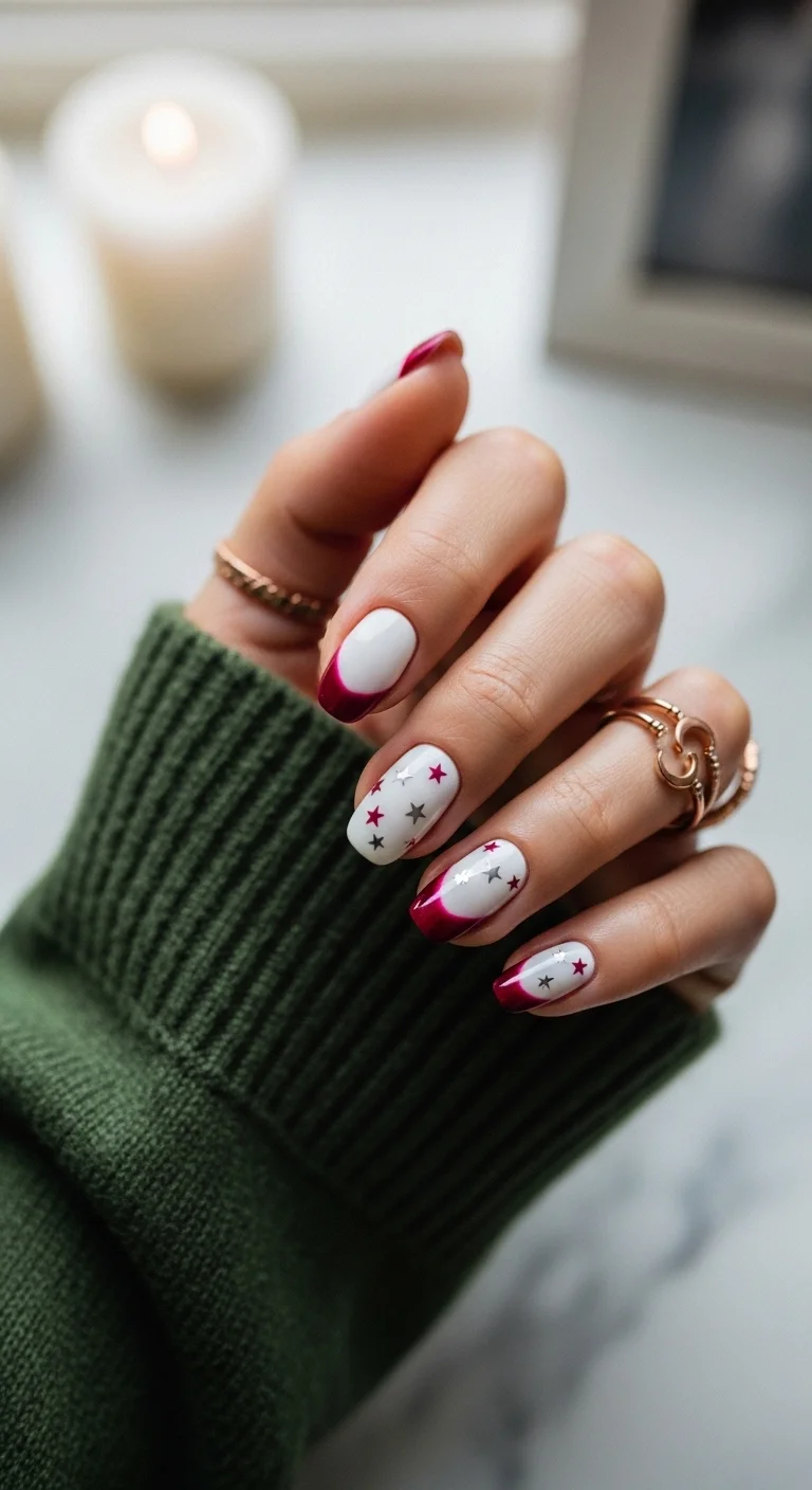 White nails with magenta french tips and tiny silver and red stars.