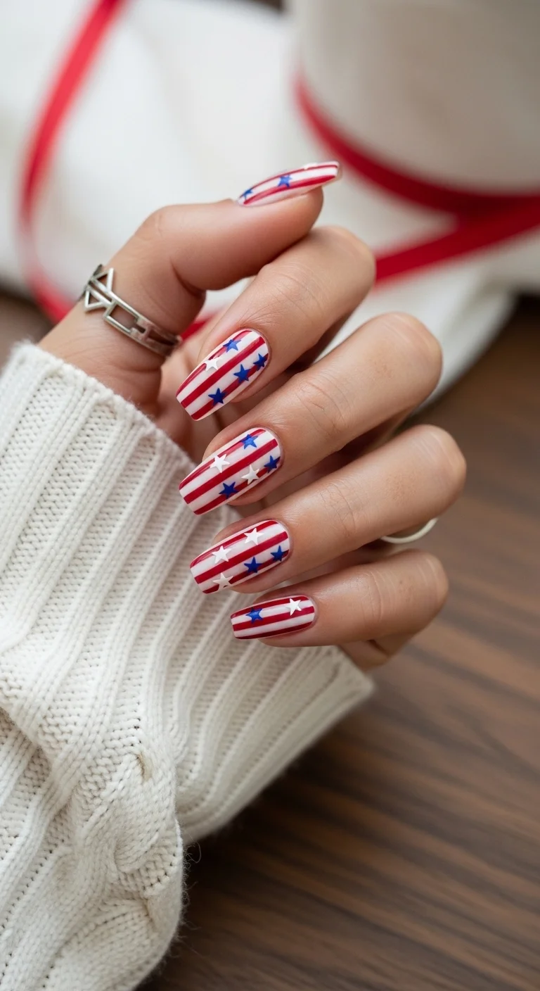 Long coffin nails with red and white stripes and scattered blue stars.