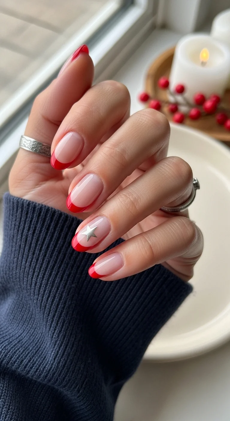 Sheer nude nails with bright red french tips and a single silver star decal.