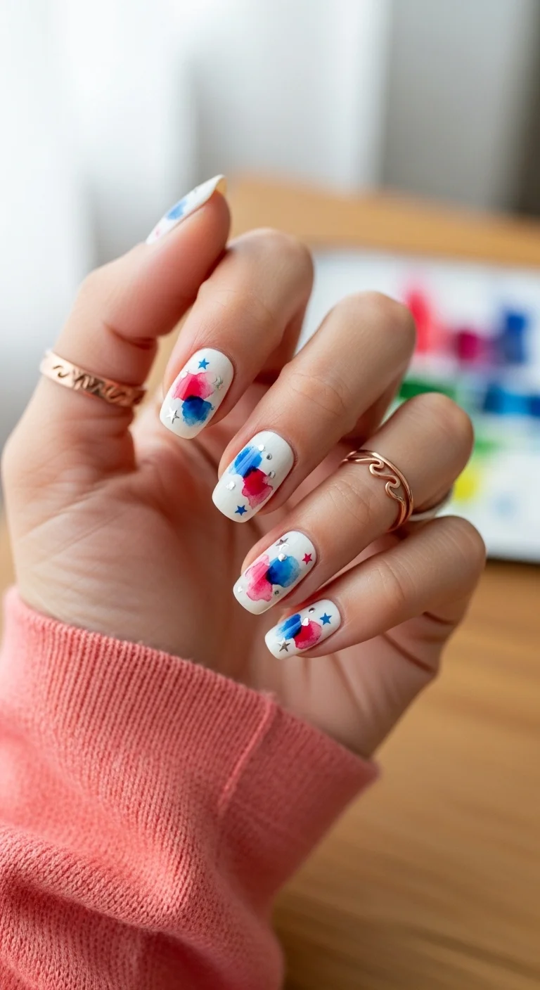 White nails with red and blue watercolor splotches and tiny silver stars.