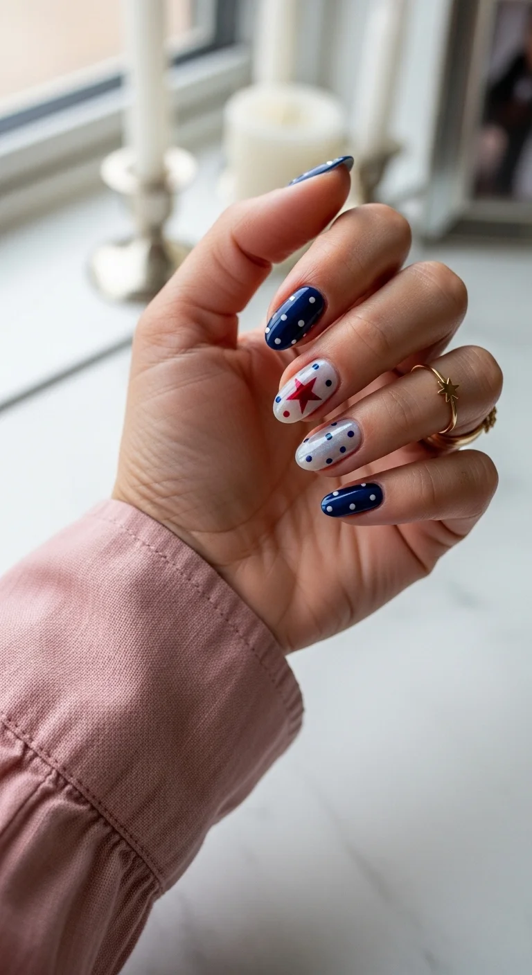 Navy blue nails with white polka dots and one white accent nail with a large red star.