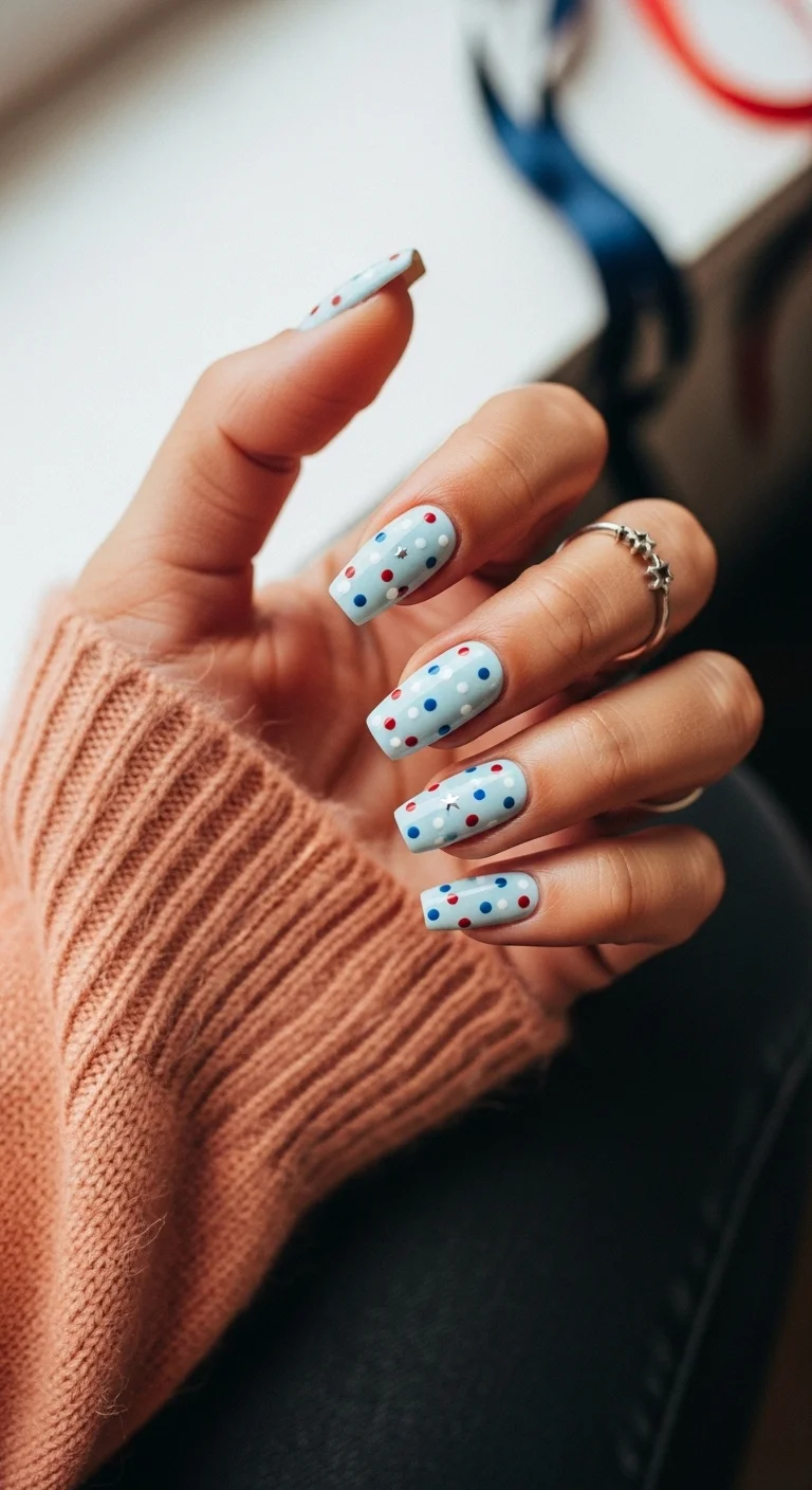 Pale blue nails with multi-colored red and navy polka dots.