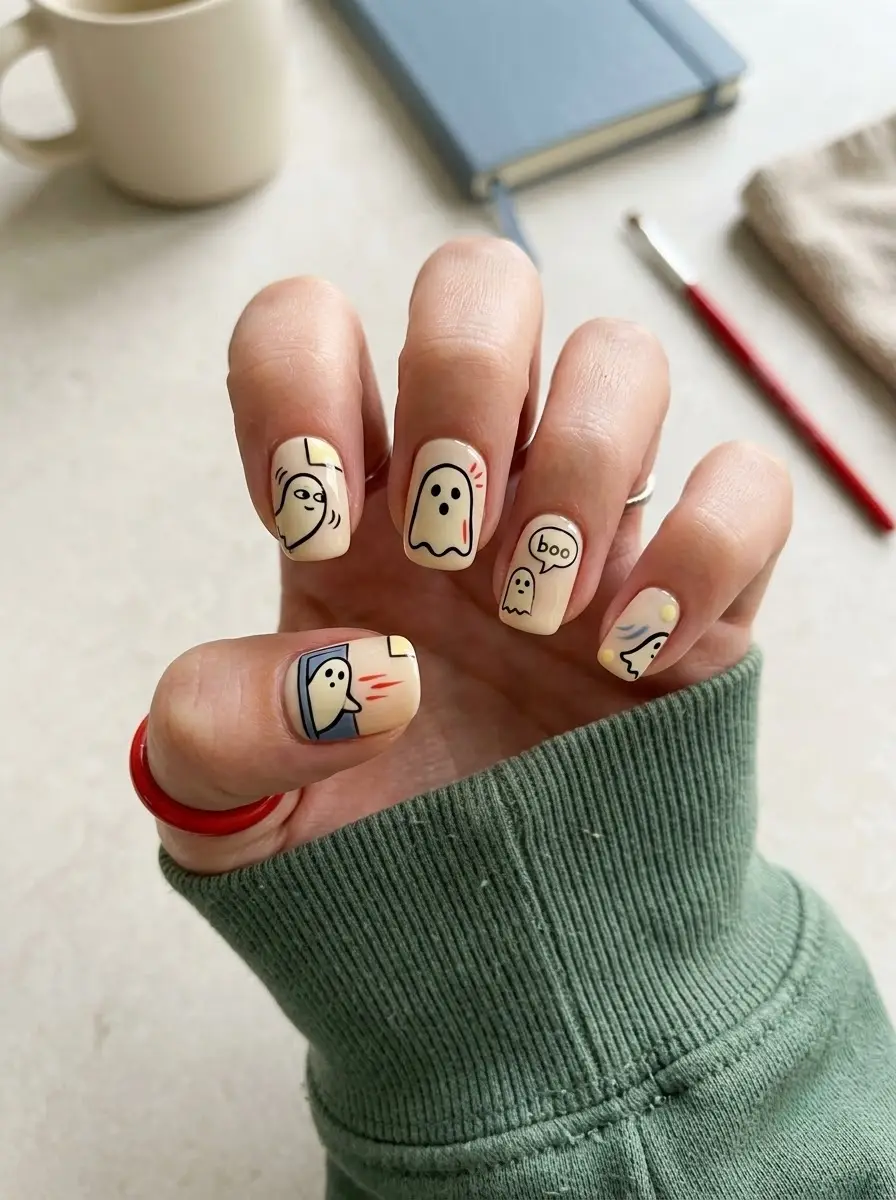 Hand-Drawn Comic Ghost Nails - Creamy ivory short square nails covered in loose black outlines and comic-style ghosts