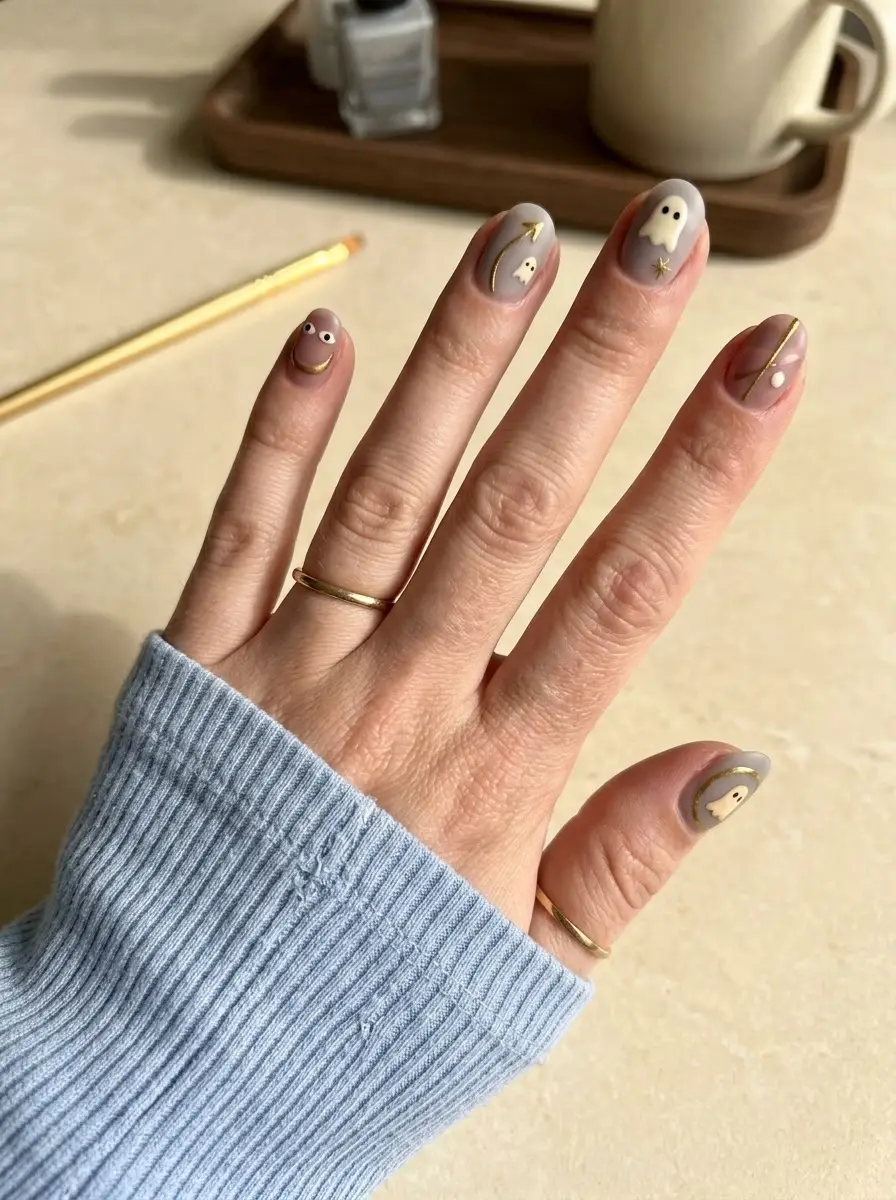 Neutral Ghost Nails With Gold Details - Muted taupe and gray nails with gold curved lines, starbursts, and white ghosts