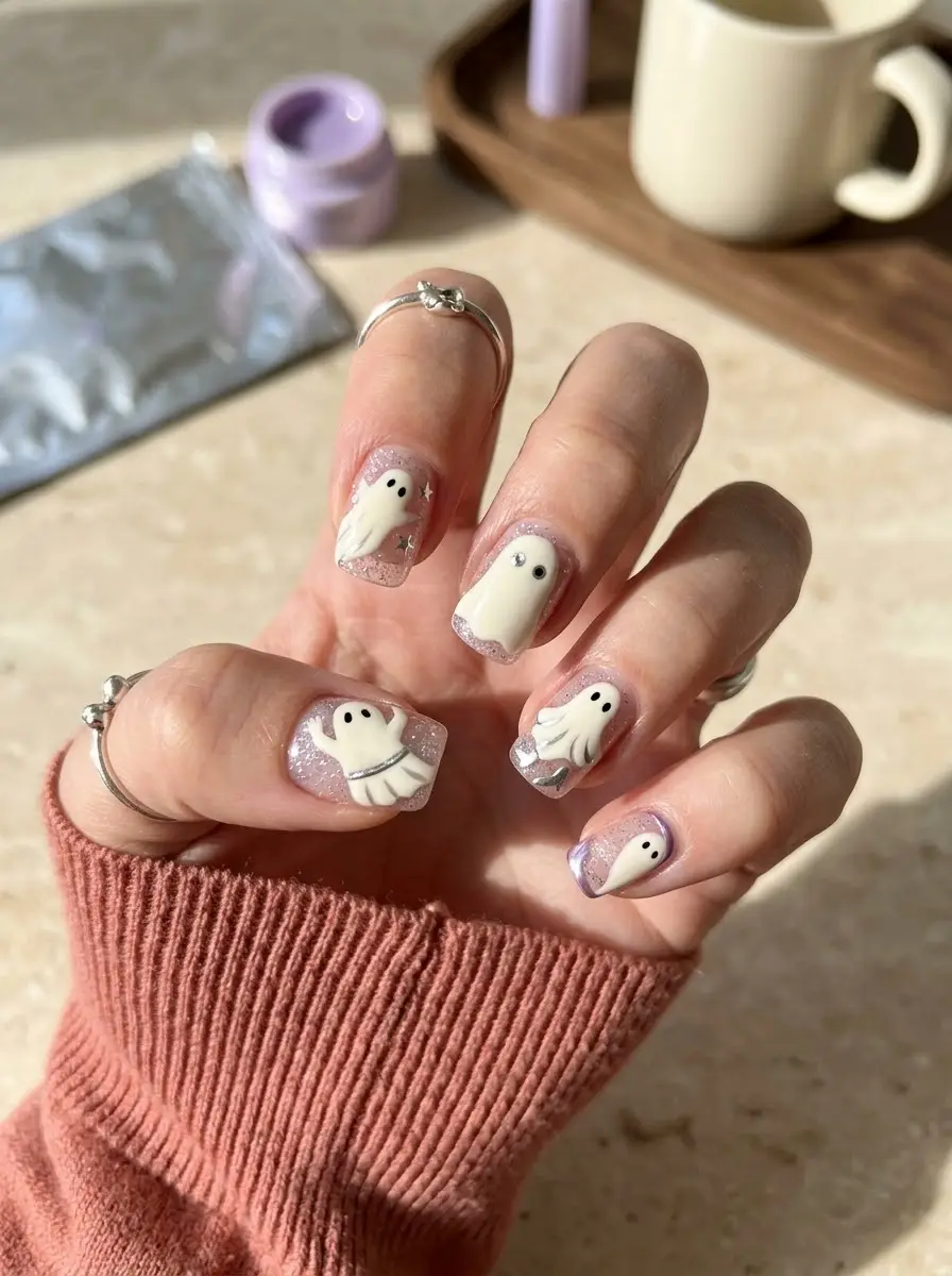 3D Glitter Ghost Nails - Short square pink-lilac glitter nails topped with sculpted 3D ghosts and silver chrome details