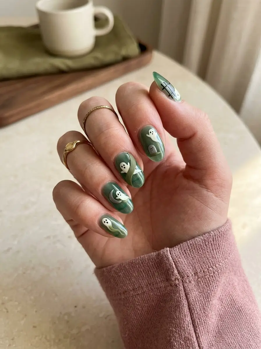 Sage Green Haunted Ghost Nails - Muted sage green nails layered with ribbons, tombstone accents, and misty white ghosts