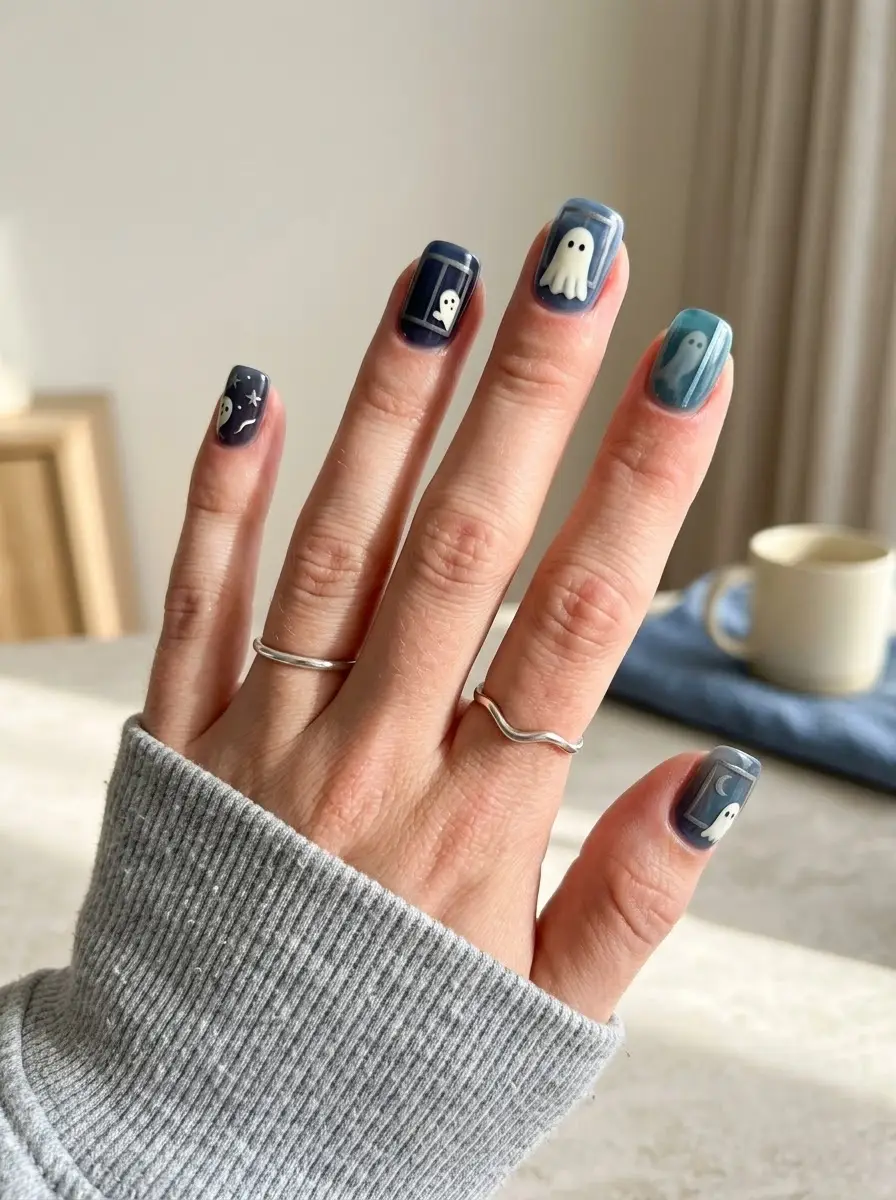 Midnight Blue Window Ghost Nails - Short square dark navy and steel-blue nails with ghosts peeking from window frames