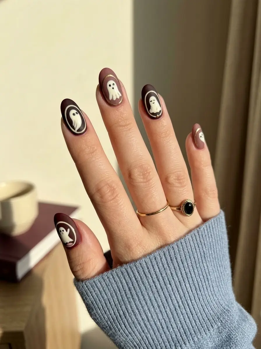 Burgundy Cameo Ghost Nails - Rich burgundy and chocolate brown almond nails with white oval cameo framed ghosts