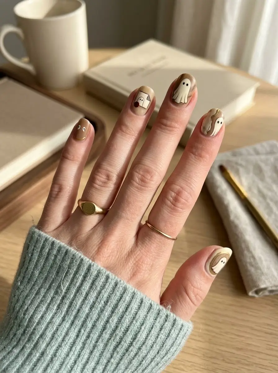 Neutral Abstract Ghost Nails - Creamy beige and taupe nails with khaki brown swirls, fine outlines, and cute ghosts