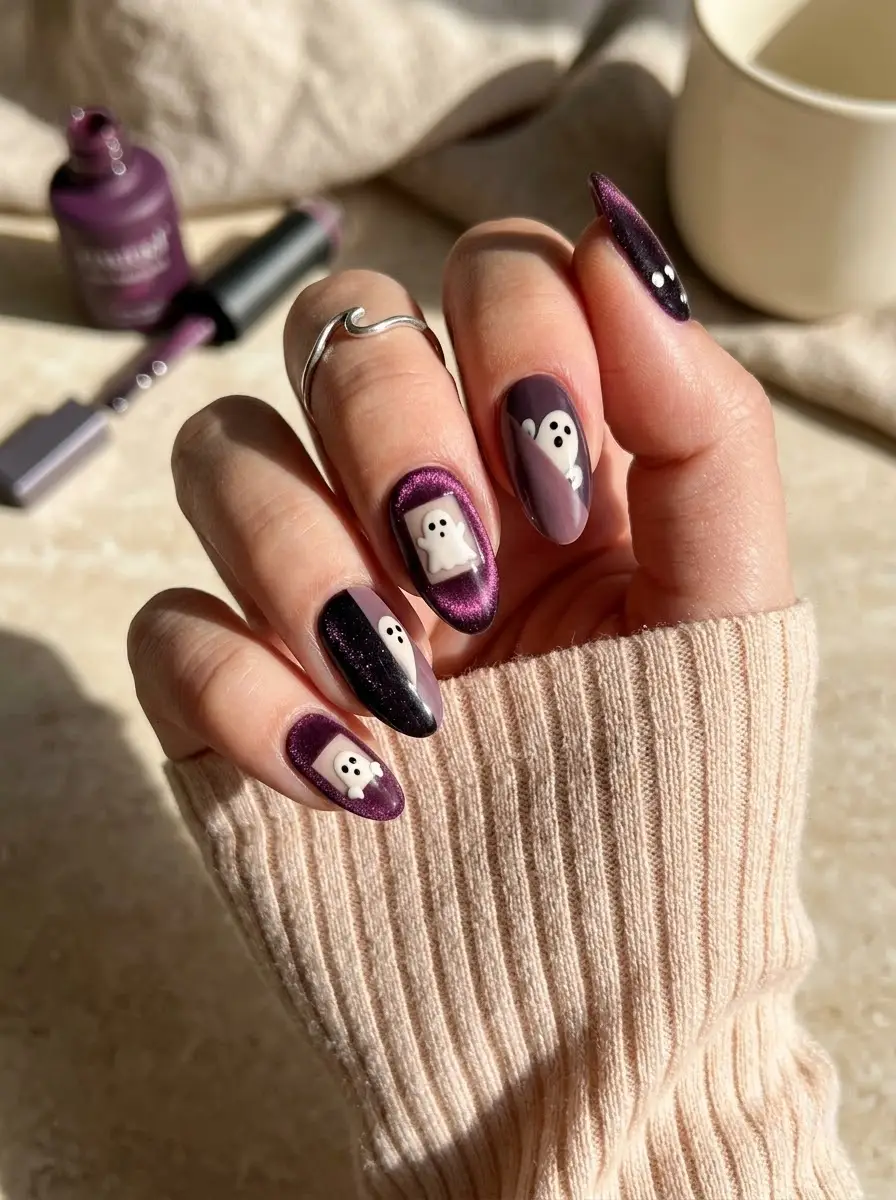 Soft Sage Storybook Ghost Nails - Creamy ivory and muted sage green rounded nails with teacup ghost and floral branches