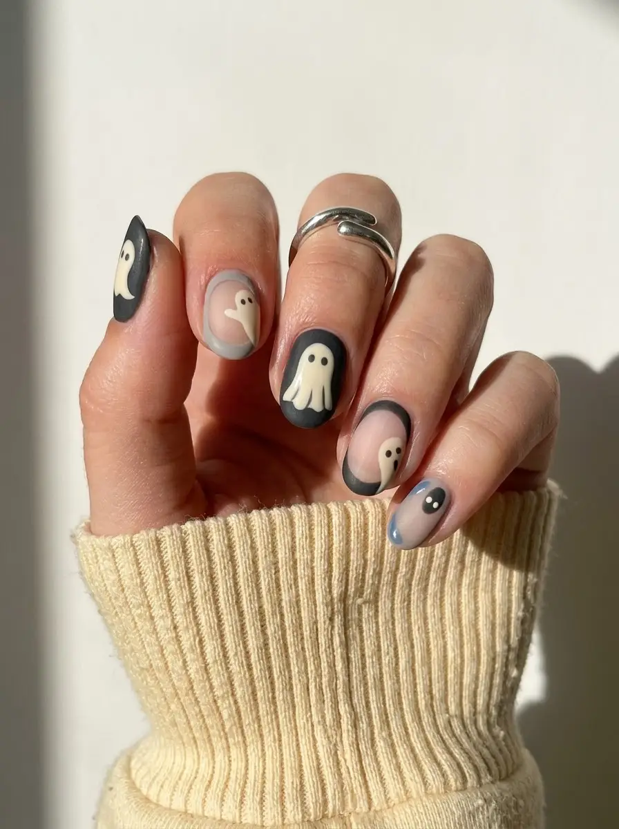 Shimmer Plum Ghost Nails - Long almond deep plum and blackberry shimmer nails with white ghosts and cat-eye panels