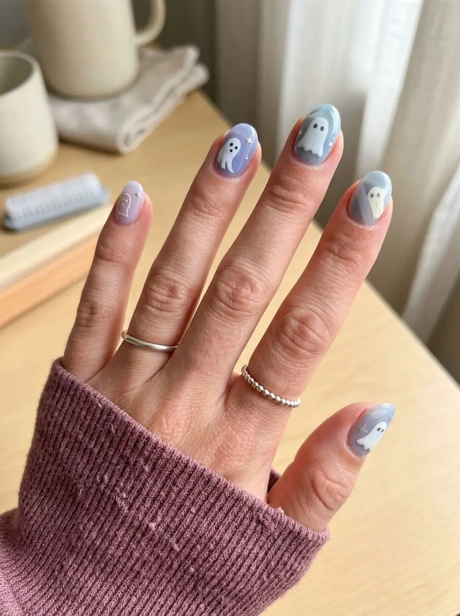 Matte Charcoal Ghost Nails - Matte charcoal base with sheer nude negative space cutouts and minimal ghost figures