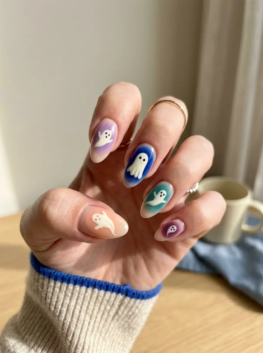 Colorful Aura Ghost Nails - Glossy almond nails with blurred auras in lilac, blue, turquoise, peach, and plum with white ghosts
