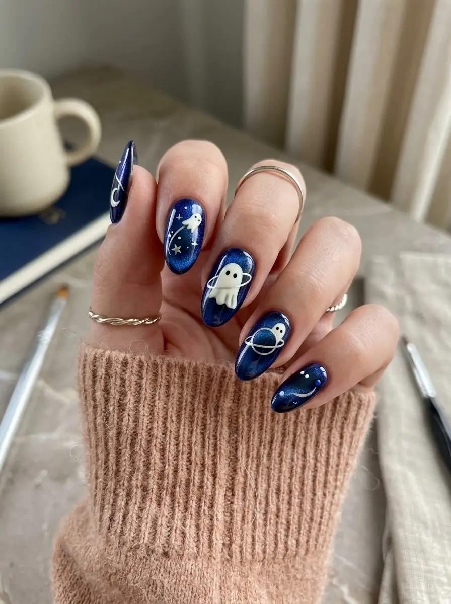 Arcade Ghost Nails - Glossy black short square nails featuring electric blue maze lines, joystick ghost, and pixel hearts
