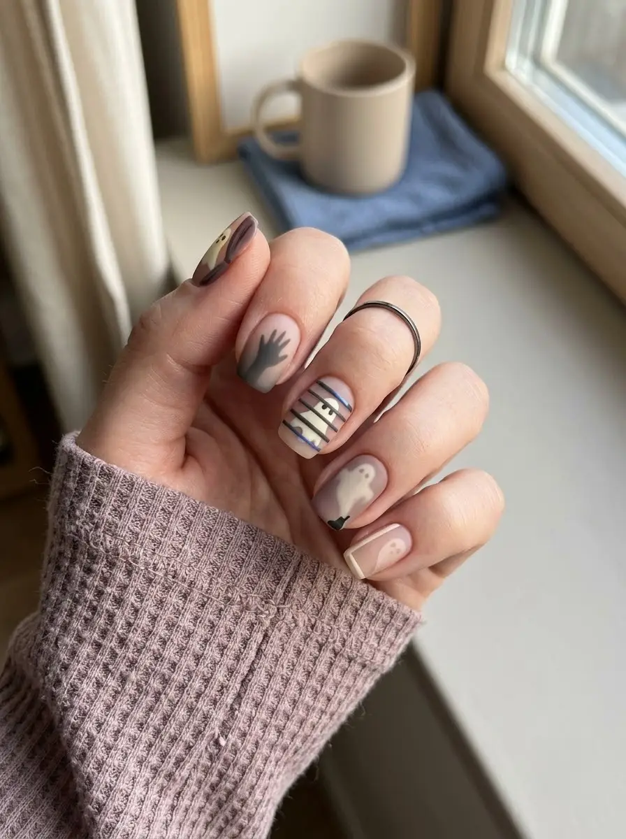 Galaxy Ghost Nails - Long almond dark navy nails with Saturn rings, stars, moons, and floating galaxy ghosts