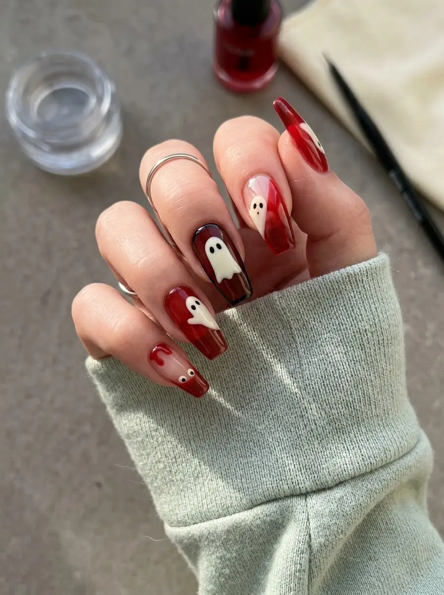 Muted Haunted Scene Ghost Nails - Muted taupe and beige nails with hand silhouettes, cage striping, and subtle ghosts