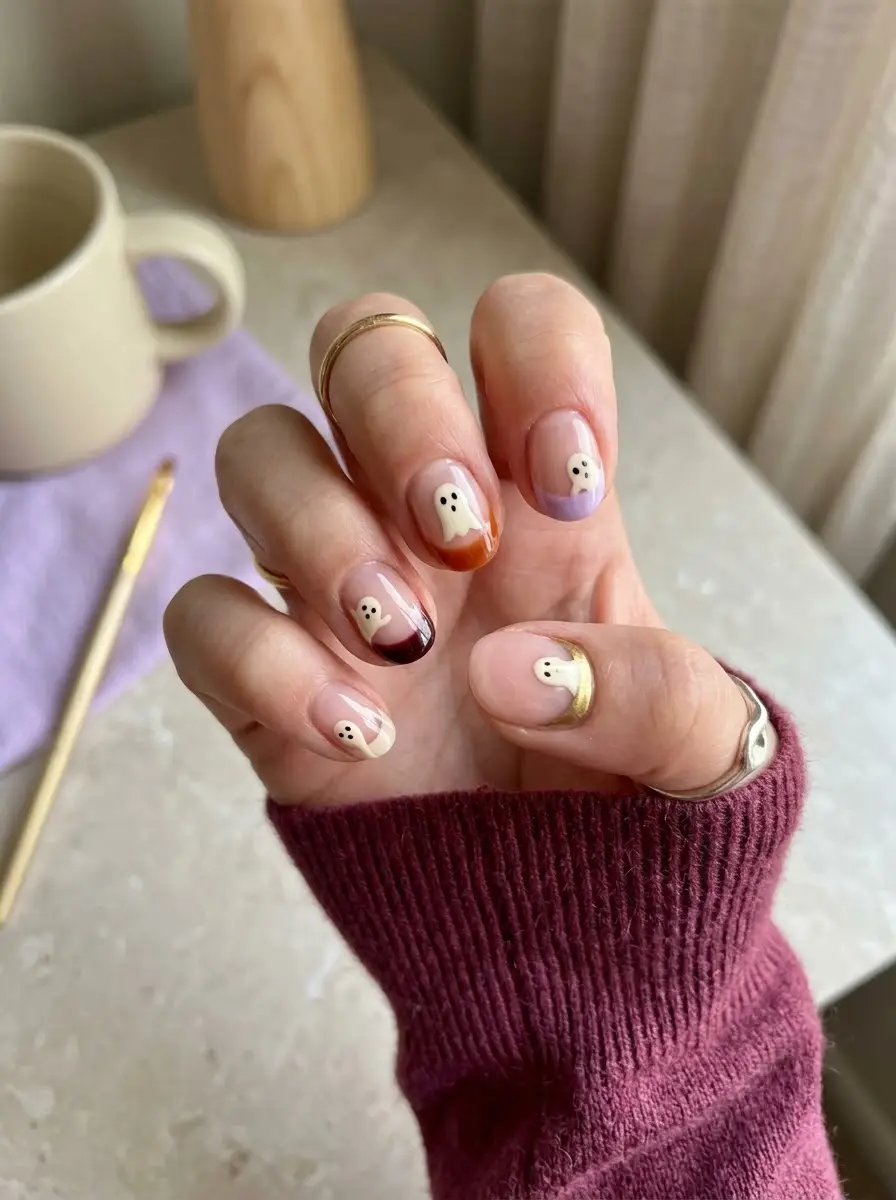 Cherry Red Jelly Ghost Nails - Translucent cherry red square nails with crisp white ghosts and peeking eyes
