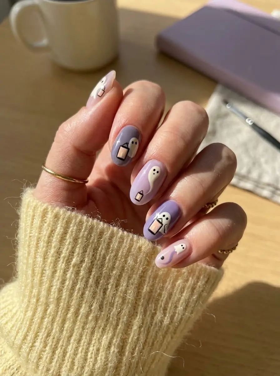 Skittle French Ghost Nails - Multi-colored skittle rounded nails in orange, burgundy, lilac, and gold with ghosts