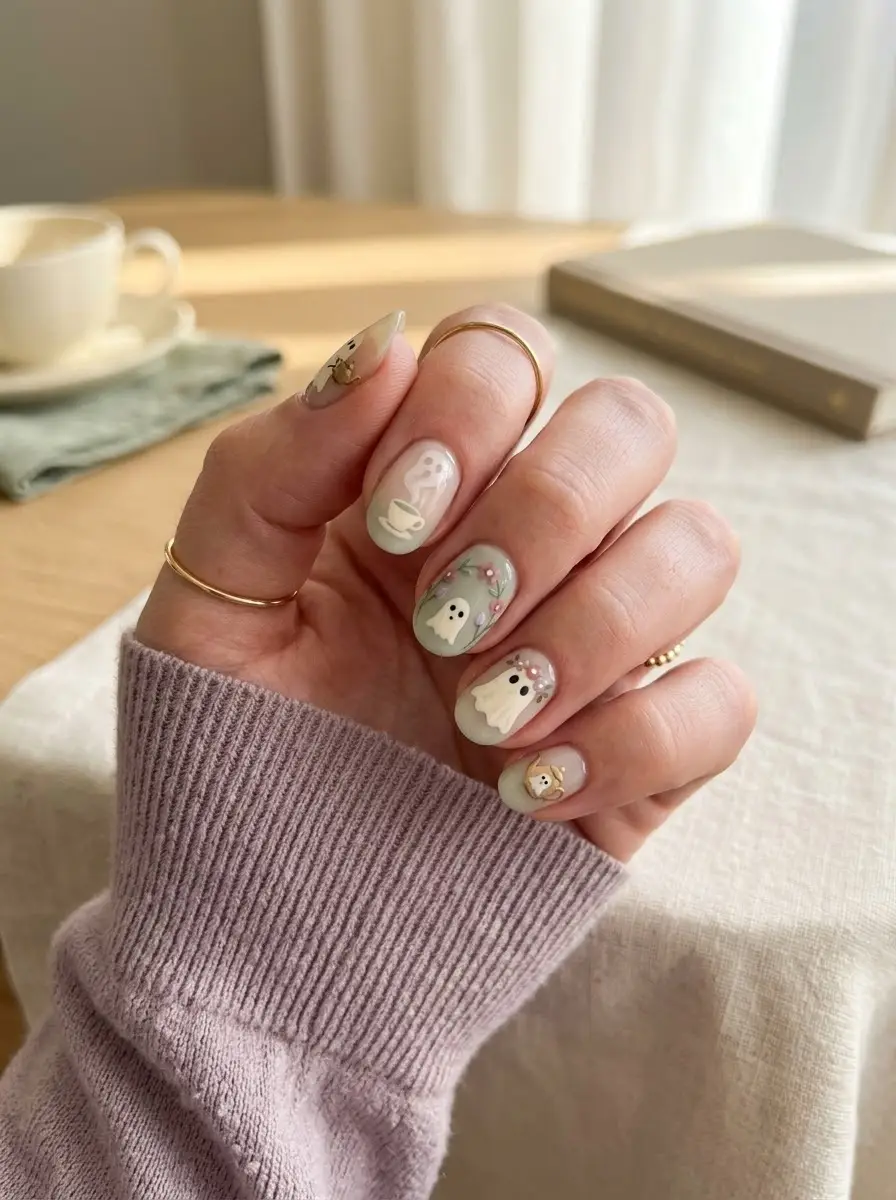 Lilac Lantern Ghost Nails - Glossy pastel lilac almond nails with delicate ghosts holding glowing lanterns