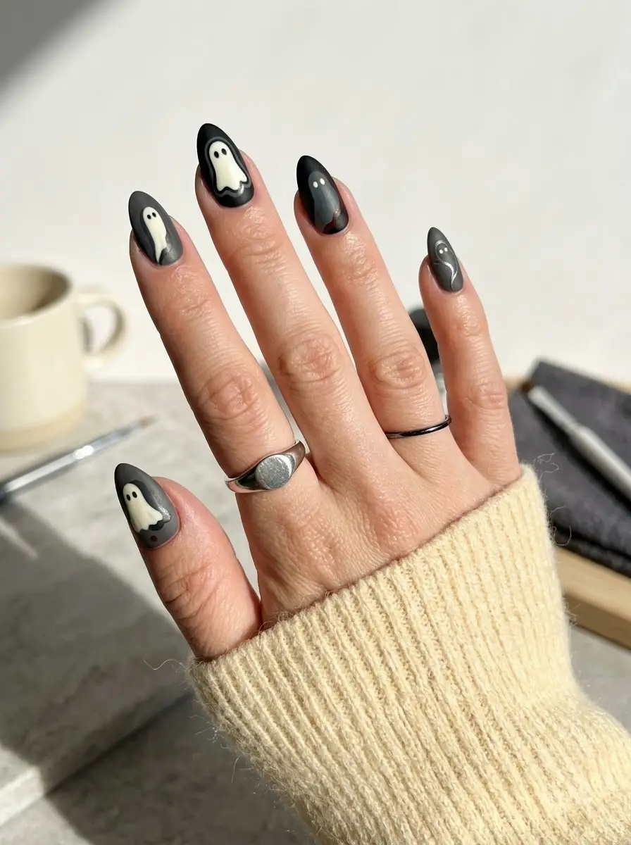Blue Window Frame Ghost Nails - White and cobalt-blue short square nails featuring ghosts inside window frames