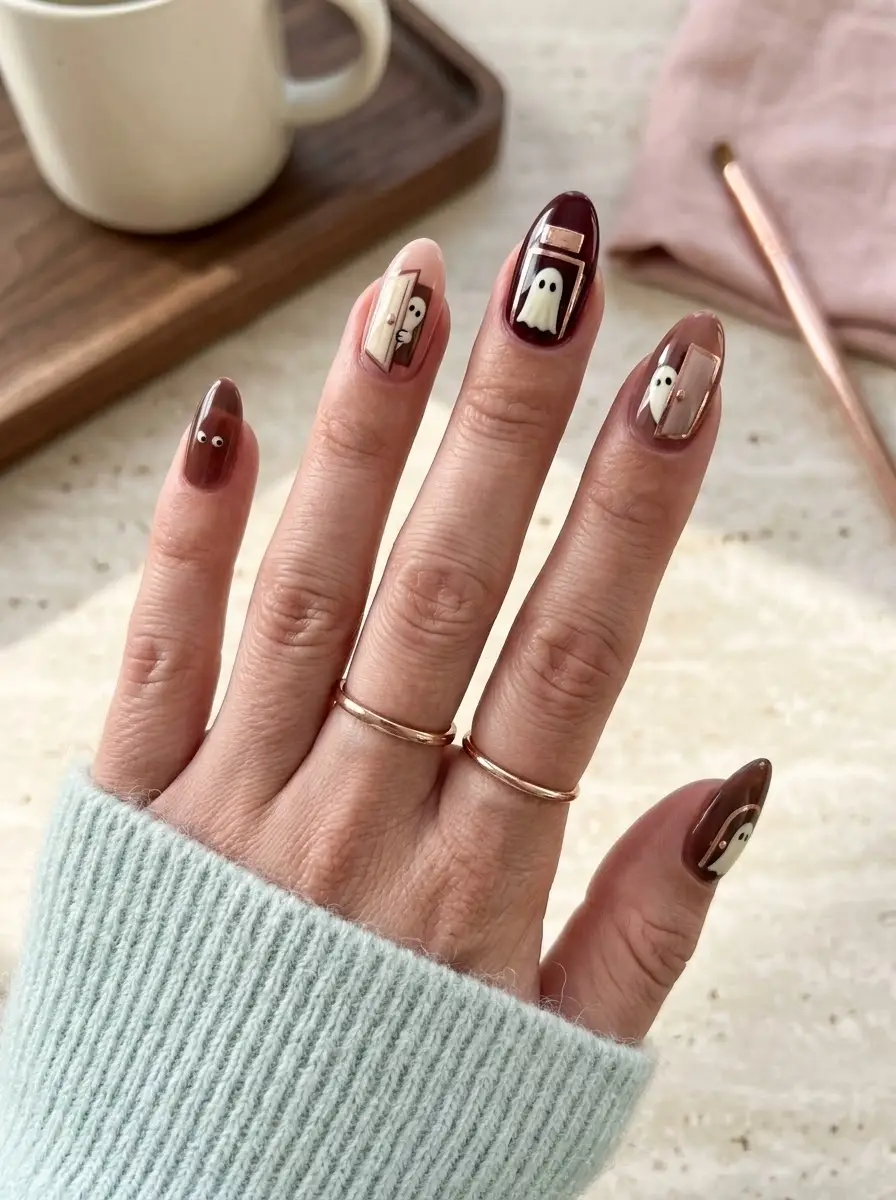 Matte Smoky Gray Ghost Nails - Charcoal, smoky gray, and black almond nails with matte finish and white ghosts