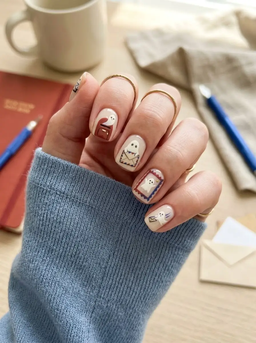 Moody Burgundy Door Ghost Nails - Deep burgundy, cocoa, and taupe almond nails with ghosts peeking behind doorway panels