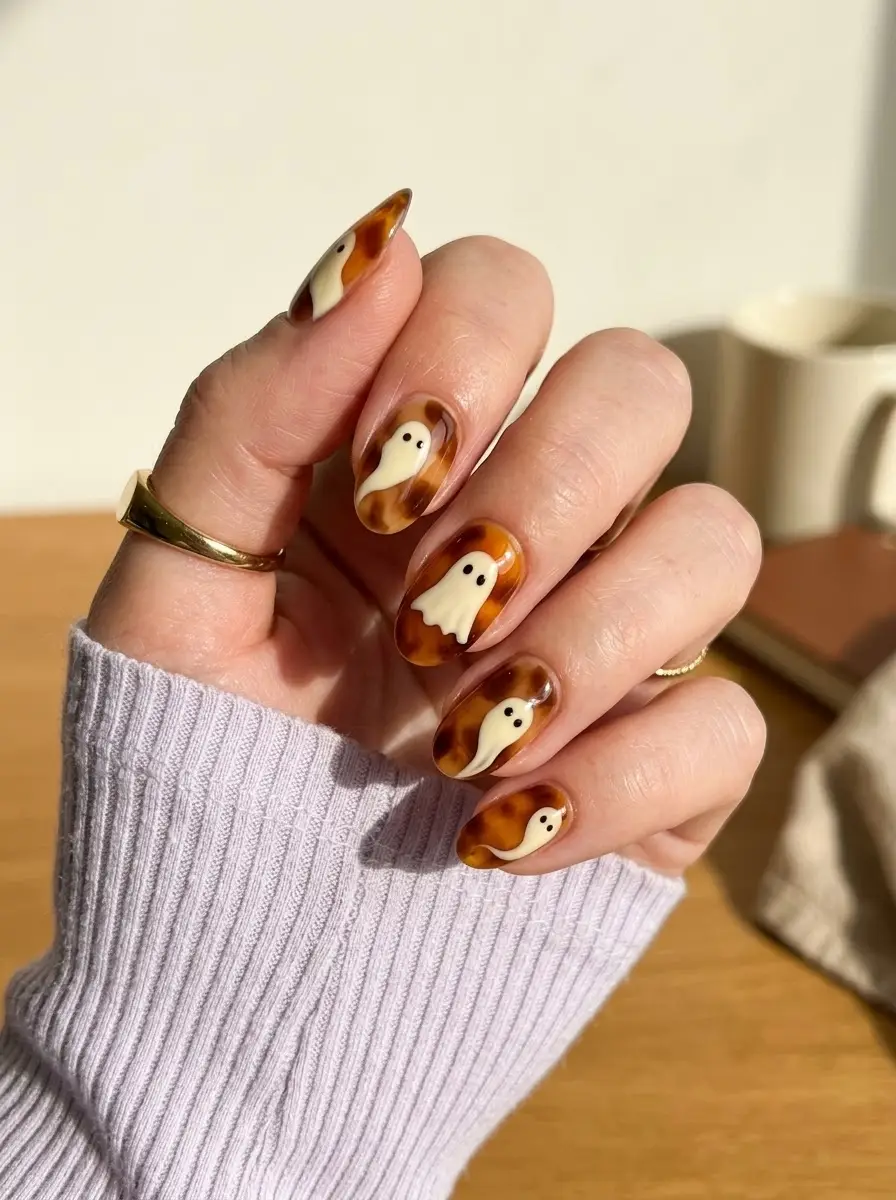 Tortoiseshell Ghost Nails - Amber and caramel tortoiseshell almond nails detailed with creamy white ghost silhouettes