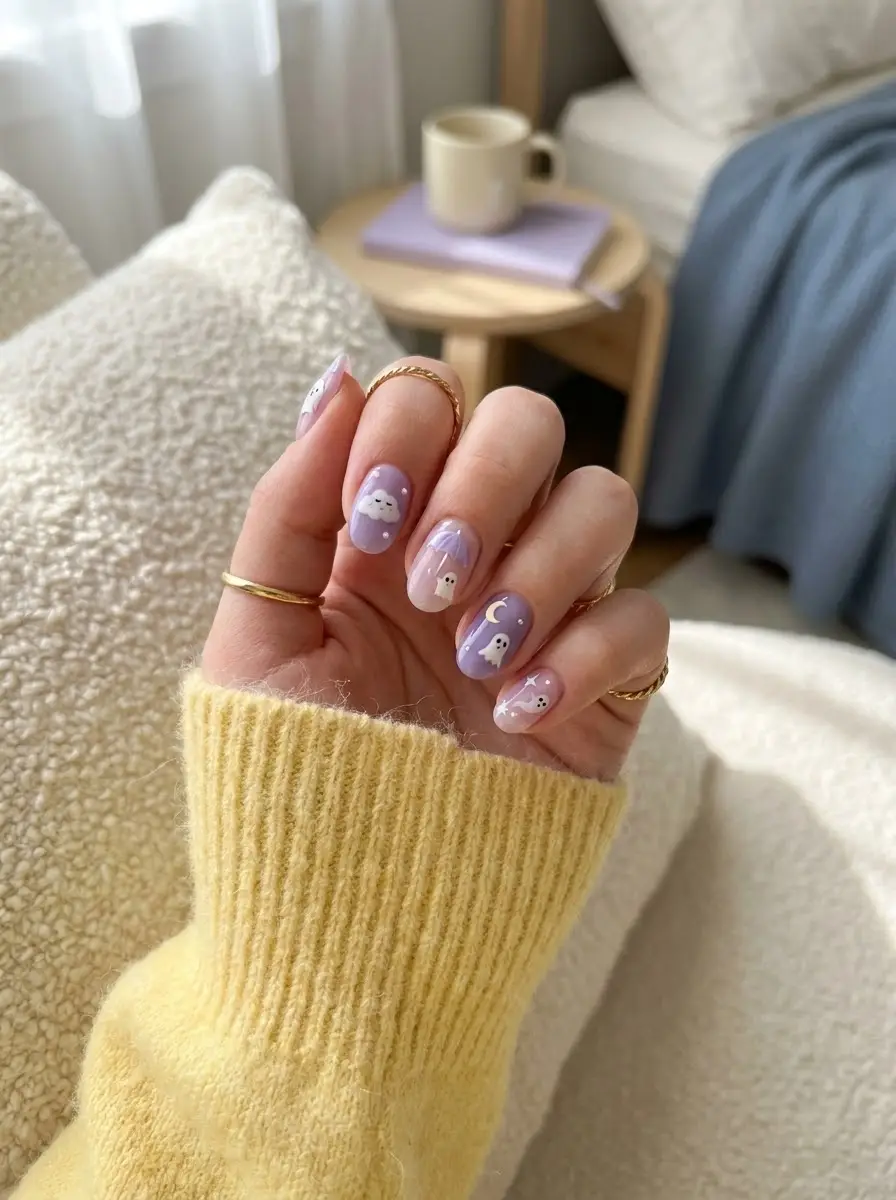 Ghost Mail and Letter Nails - Creamy off-white nails with rust, brown, and blue mailboxes, envelopes, and letter ghosts