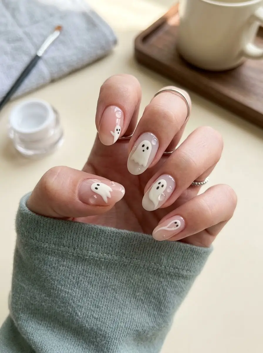Dreamy Lilac Night Ghost Nails - Pastel lilac and translucent pink rounded nails with clouds, crescent moon, and dreamy night ghosts
