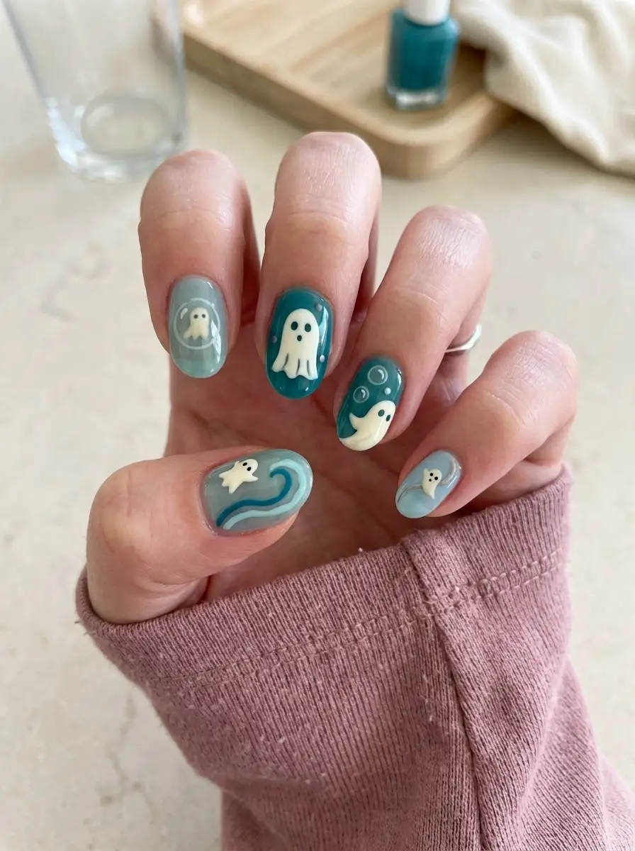 Teal Bubble Ghost Nails - Ocean teal and aqua blue swirling nails featuring floating white ghosts