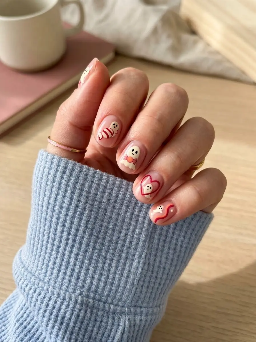 Playful Pink Ghost Doodle Nails - Sheer blush-pink manicure with tiny cute ghost details and red accent squiggles