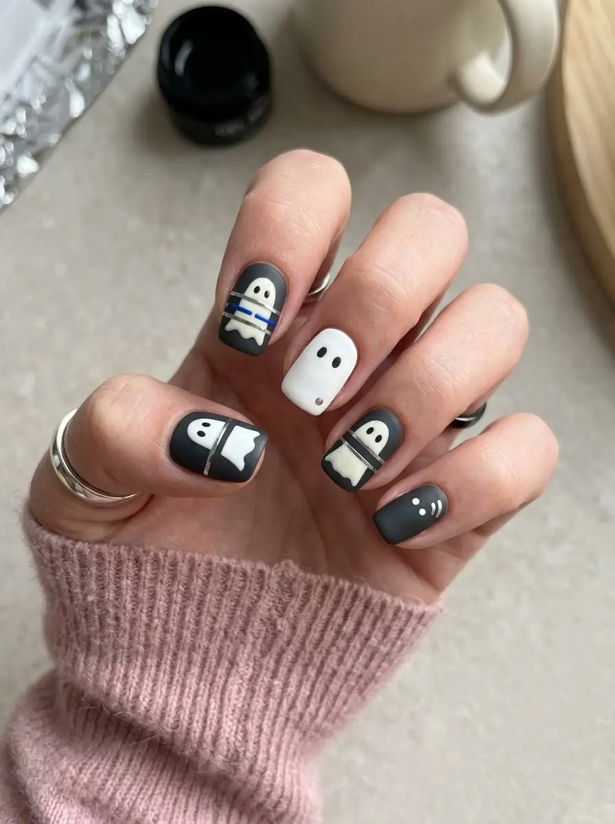 Charcoal Ghost Nails With Graphic Stripes - Deep charcoal short squared nails with silver, black, and cobalt-blue stripes and ghost accents