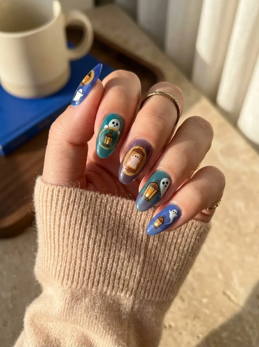Ghosts With Glowing Lantern Nails - Long almond nails with dusk blue backgrounds and tiny white ghosts carrying golden lanterns