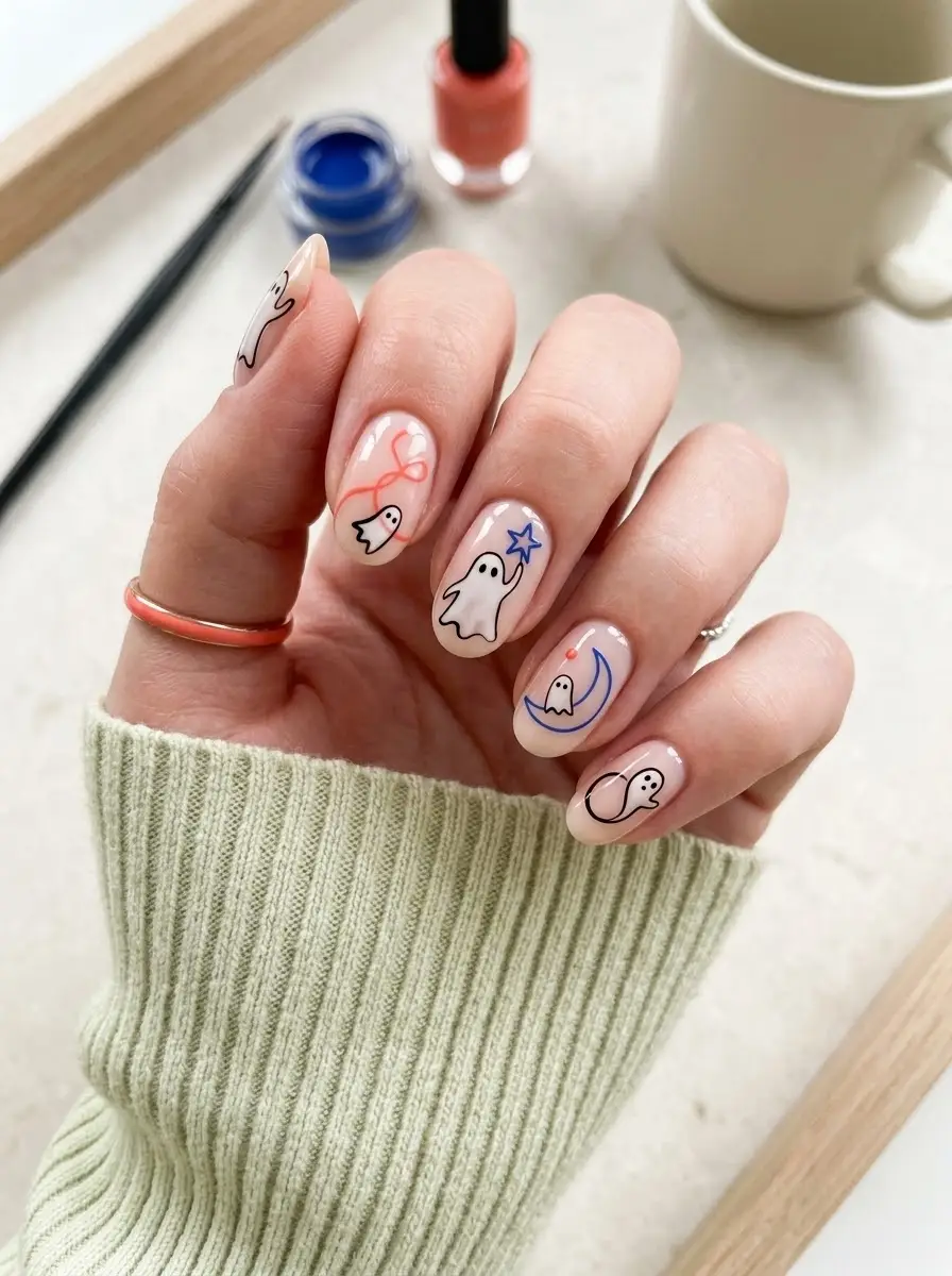 Minimal Ghost Doodle Nails - Sheer nude nails with fine black outline ghosts, coral line loops, and blue stars