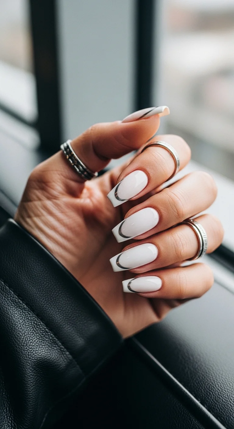 White square nails with thin silver chrome outlines.