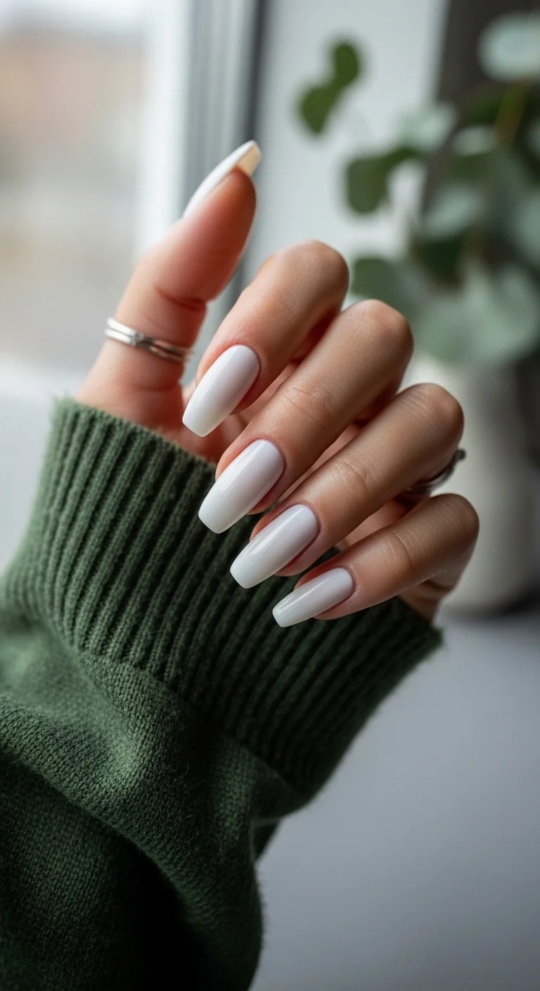 Solid milky white long square nails.