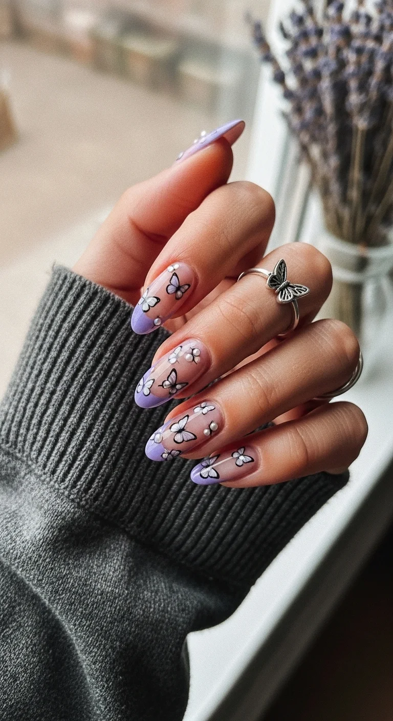 Almond nails with lavender French tips and butterfly nail art with pearls.