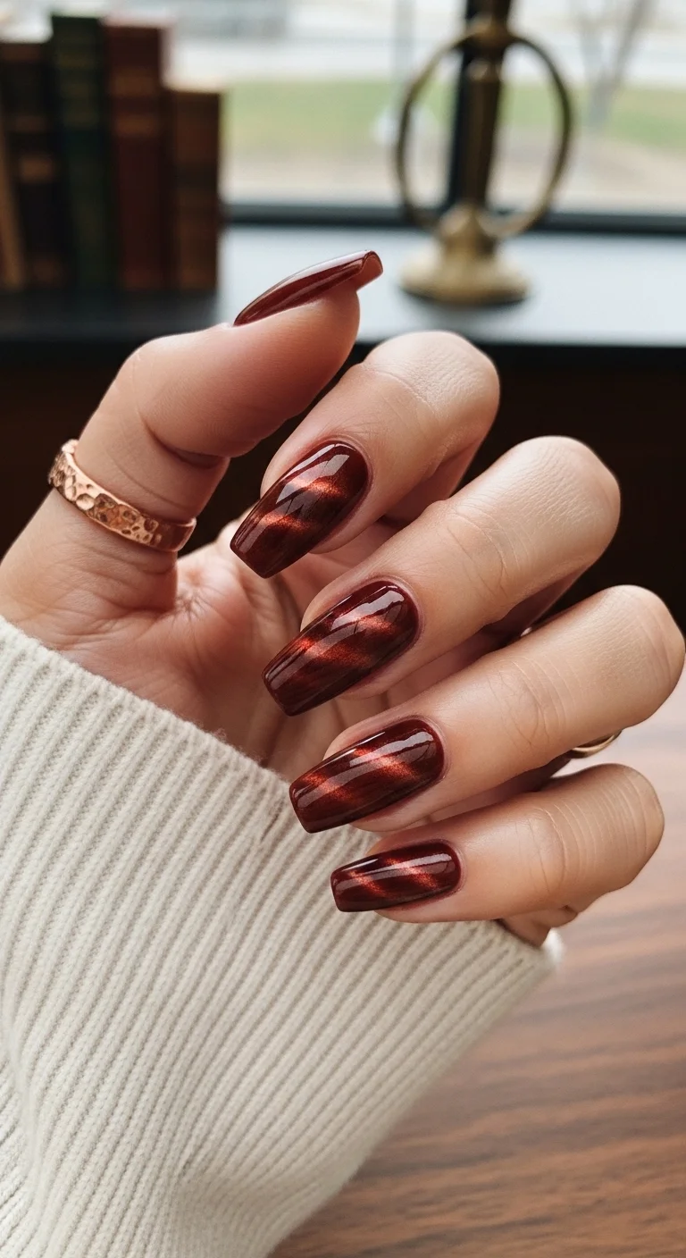 Long square nails with deep burgundy magnetic cat-eye effect.