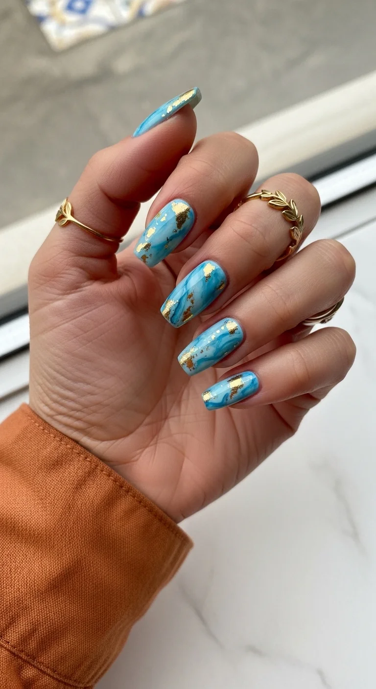 Long square nails with blue marble effect and gold foil accents.
