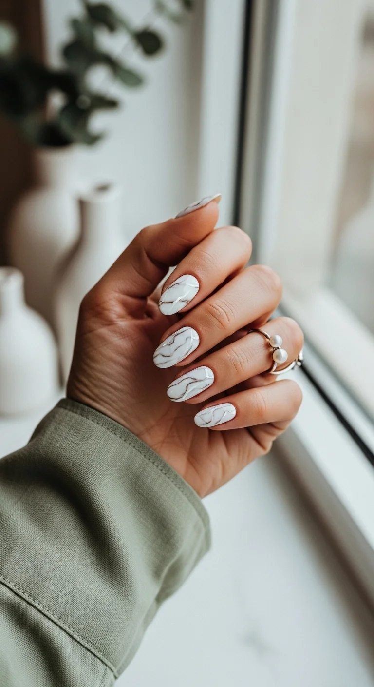 Almond nails with white base and thin grey marble veins.