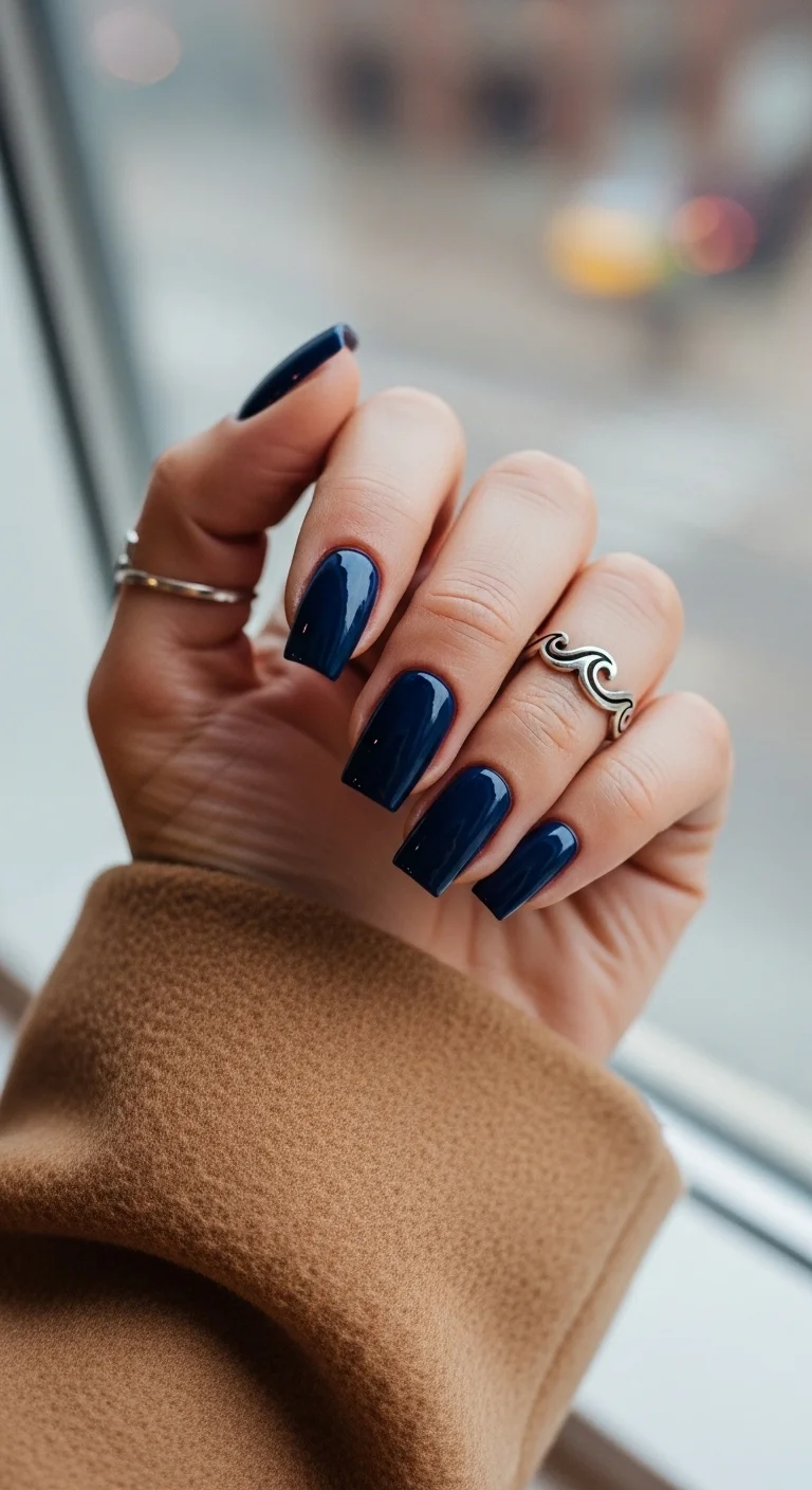 Long square solid navy blue nails.