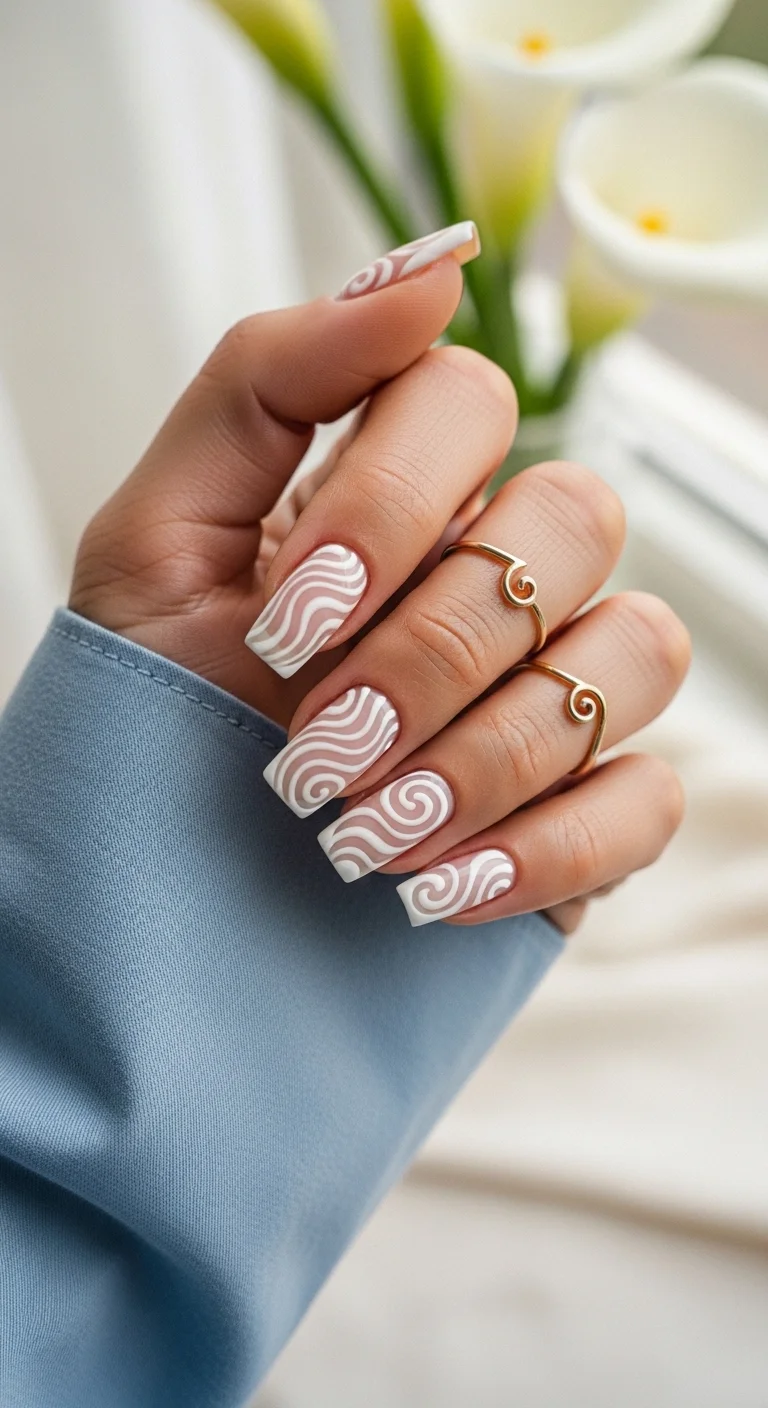 Long square nails with white swirly smoke-like patterns.