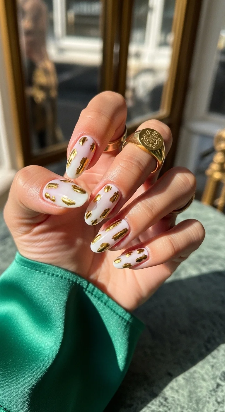 Almond nails with milky base and abstract gold leaf 'blobs'.